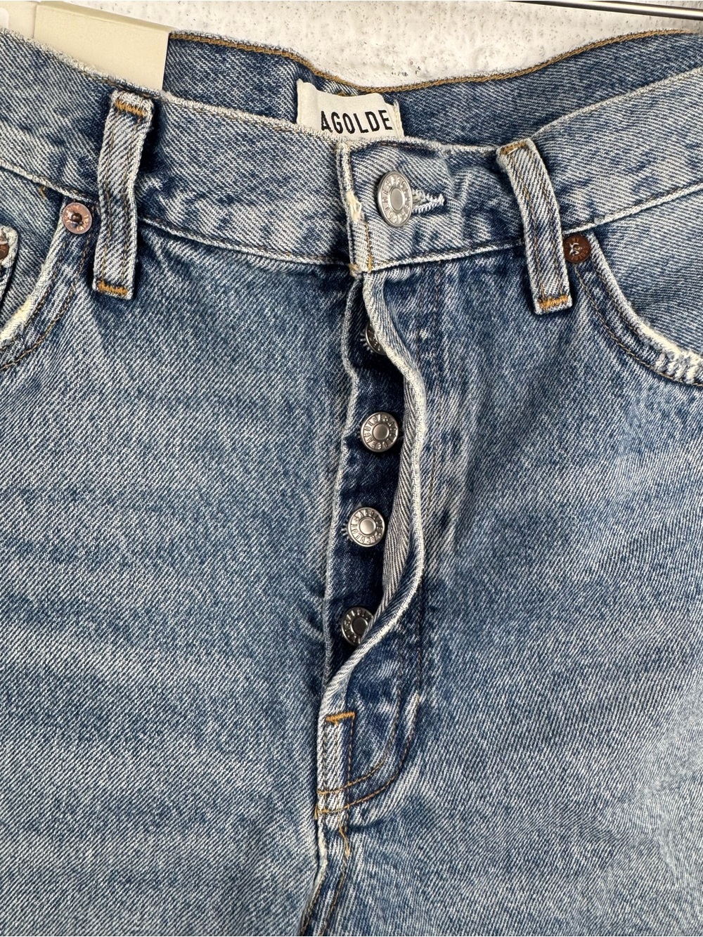Agolde Light Blue High-Rise Frayed Hem Denim Shorts - Picture 4 of 10